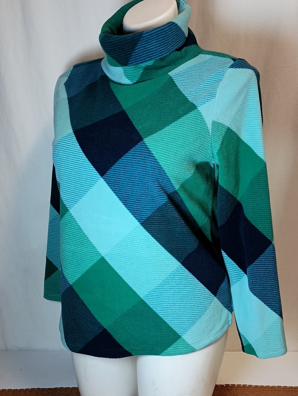 Talbots Women’s Size Large Petite Geometric Print Turtleneck Top Peacock Blue
